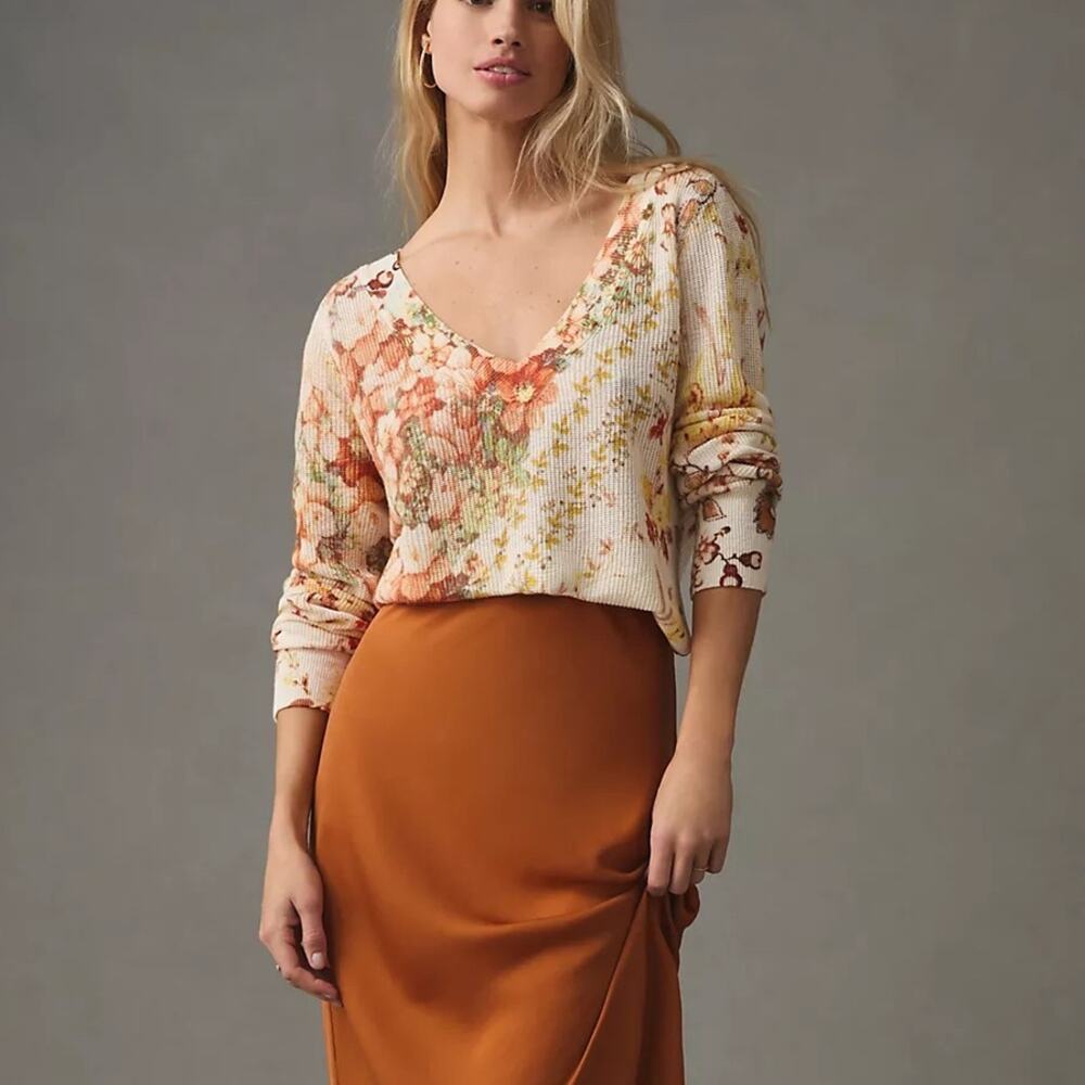 By Anthropologie Linen Blend Knit Sweater Womens M V-neck Floral Lightweight